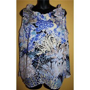 Talbots Large Floral Sleeveless Blouse Ruffle Neckline